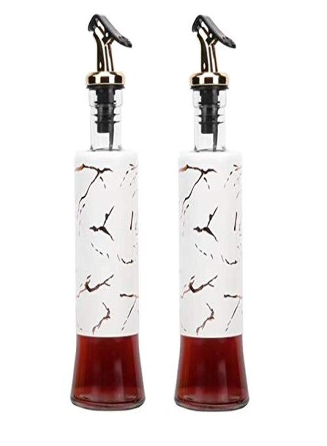 CherryBox Designer Glass Oil & Vinegar Dispenser Bottle for Kitchen | Stainless Steel Leak-Proof Cork | Oil Pourer and Holder 320ml (2 pcs, White) - Image 1